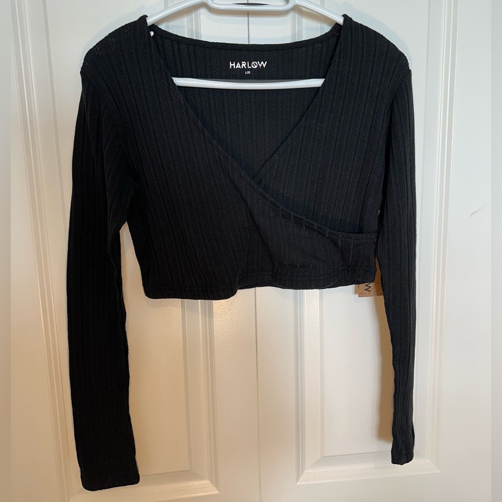 Harlow Black Long Sleeve Ribbed Wrap crop blouse